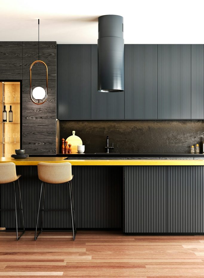 Contemporary kitchen with dark fluted oak cabinets and an illuminated display niche